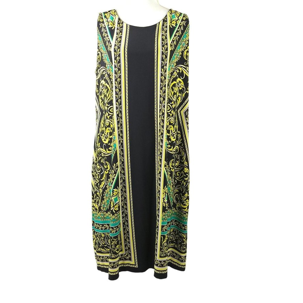 Alfani Woman Geometric Sheath Dress 1X Sleeveless Knee Length Black Yellow